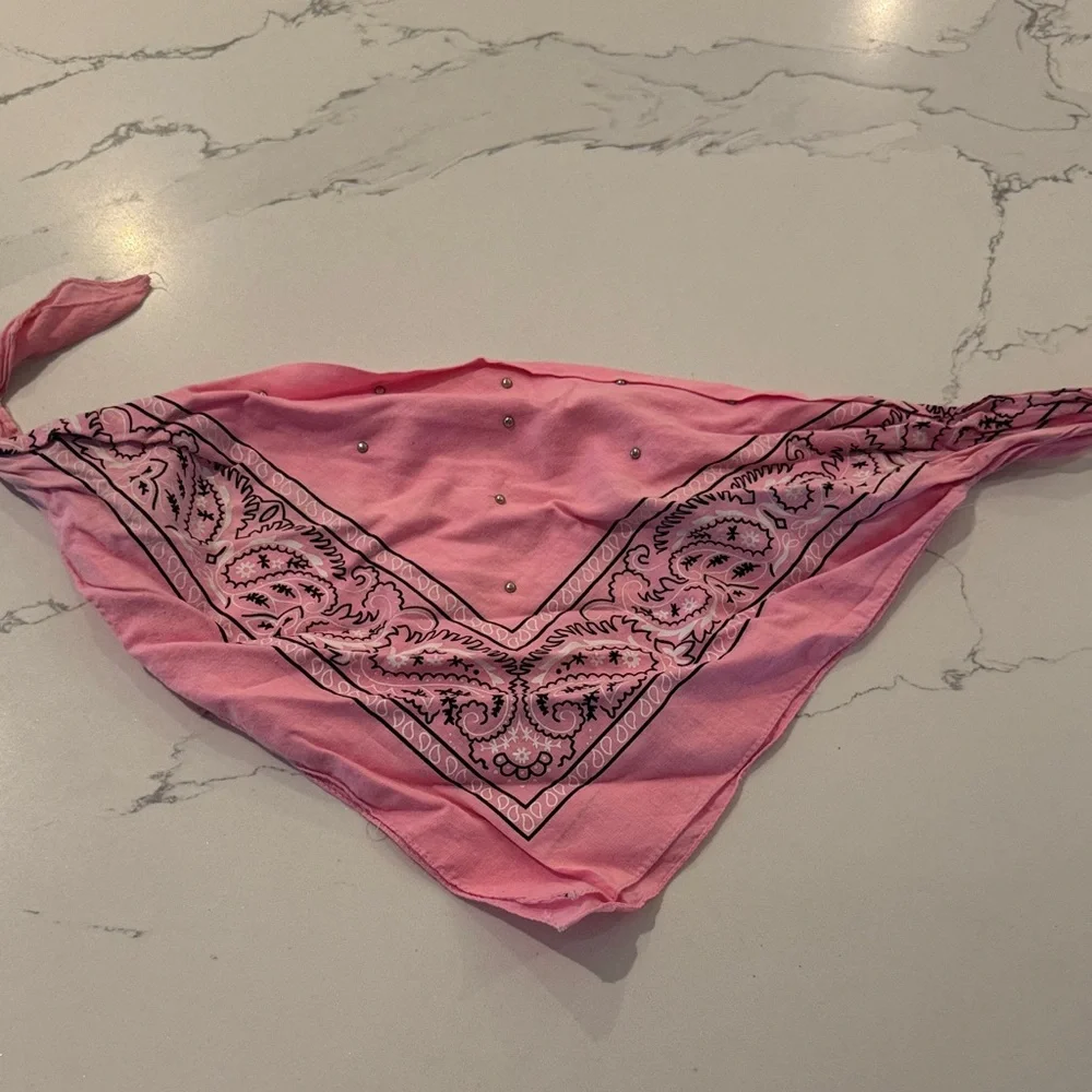Pink Bandana Scarf with Black Paisley Print and metal studs